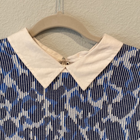 BCBG Maxazria Cheetah Collared Peplum Blouse Blue Fitted Top long sleeve size m - Picture 5 of 7